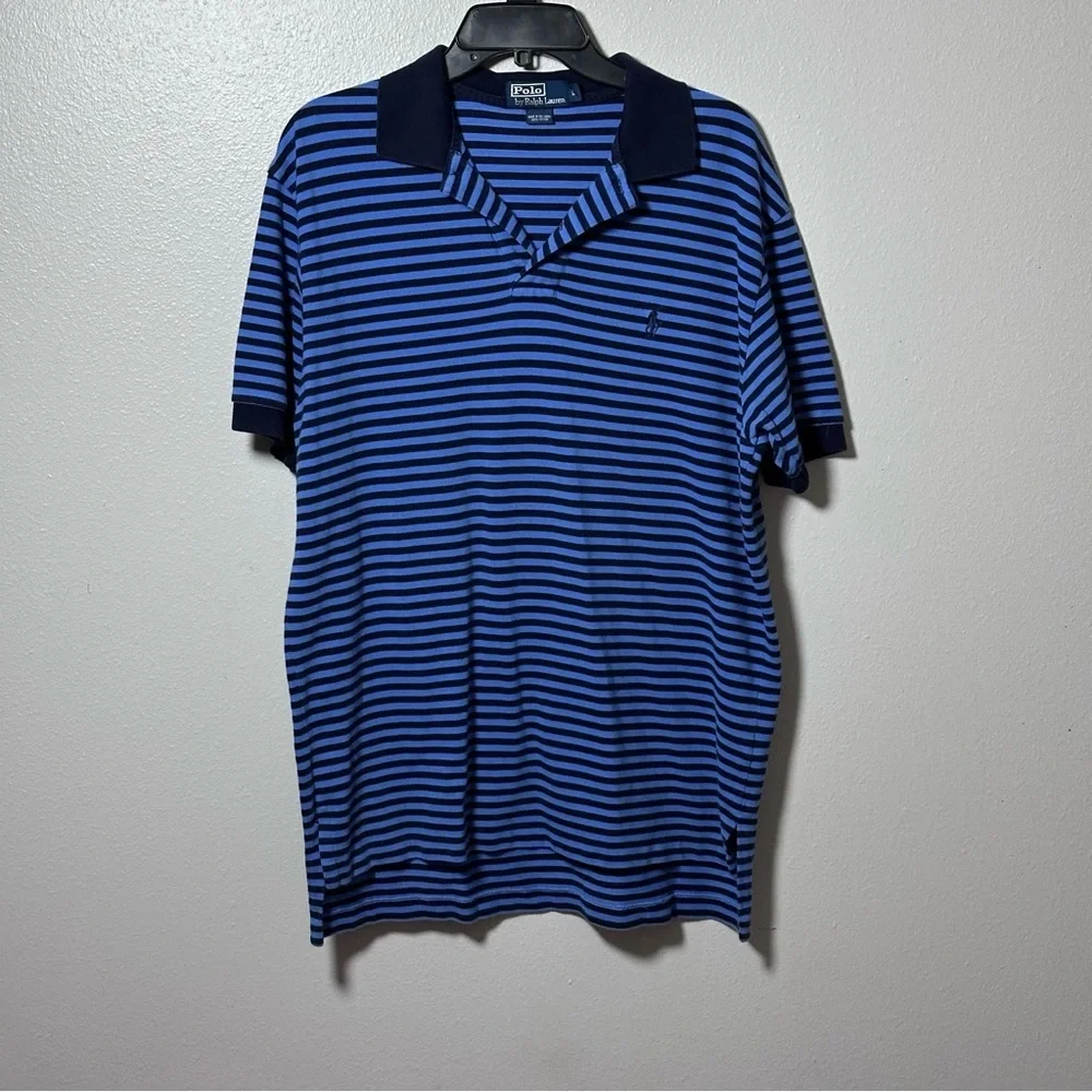 Polo by Ralph Lauren Men Blue Stripe Polo Shirt Cotton Short Sleeve Size L.‎